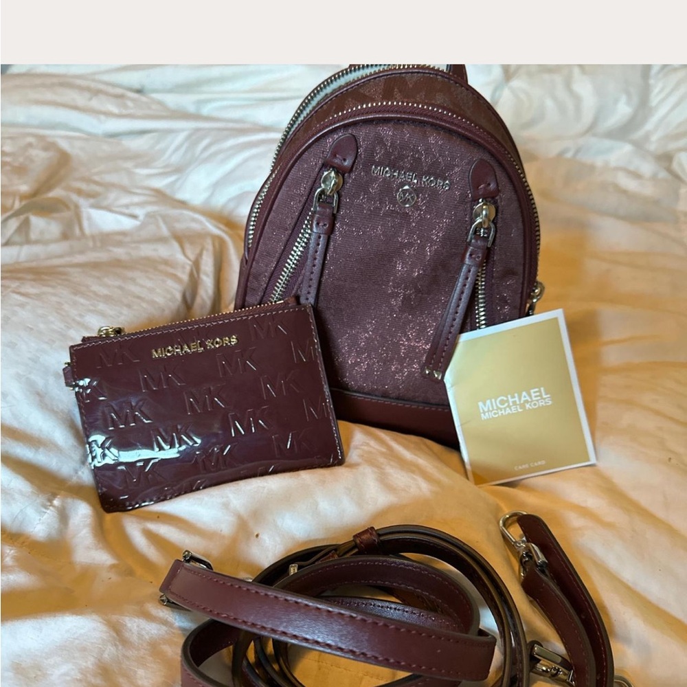 Michael Kors Metallic Brooklyn Signature Burgundy Mini Backpack/Wallet Combo